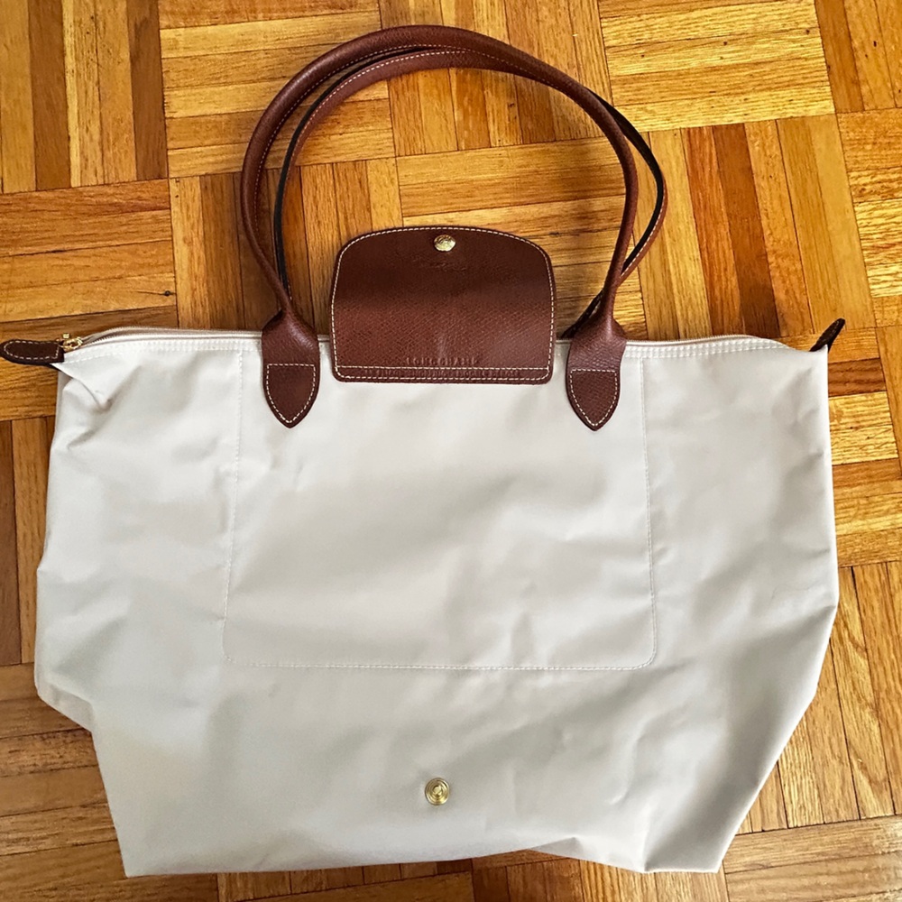 Cream and Brown Tote Bag with Leather Trim